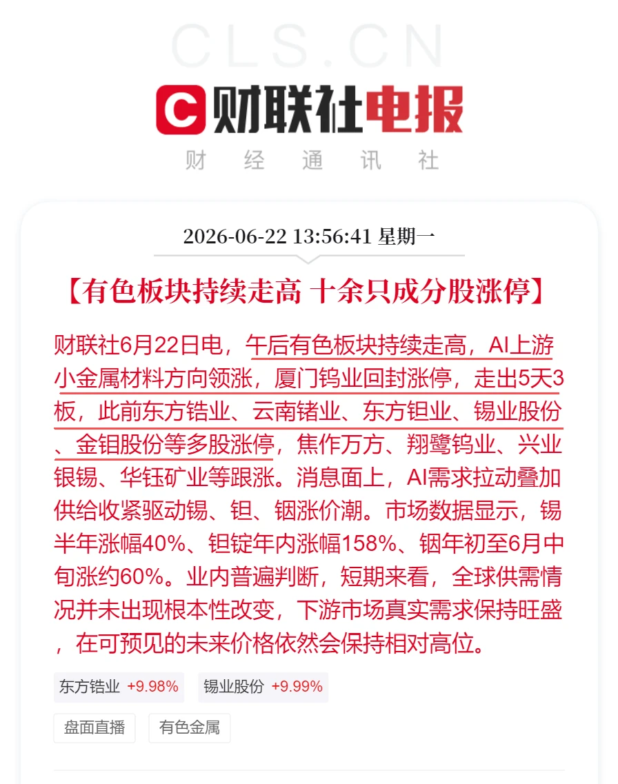 AI需求与供给收紧推动小金属涨价，有色板块午后领涨 配图