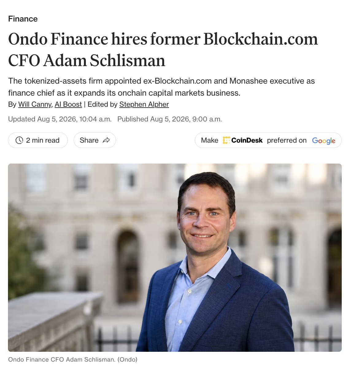 Ondo Finance 任命前 Blockchain.com 高管为 CFO 配图