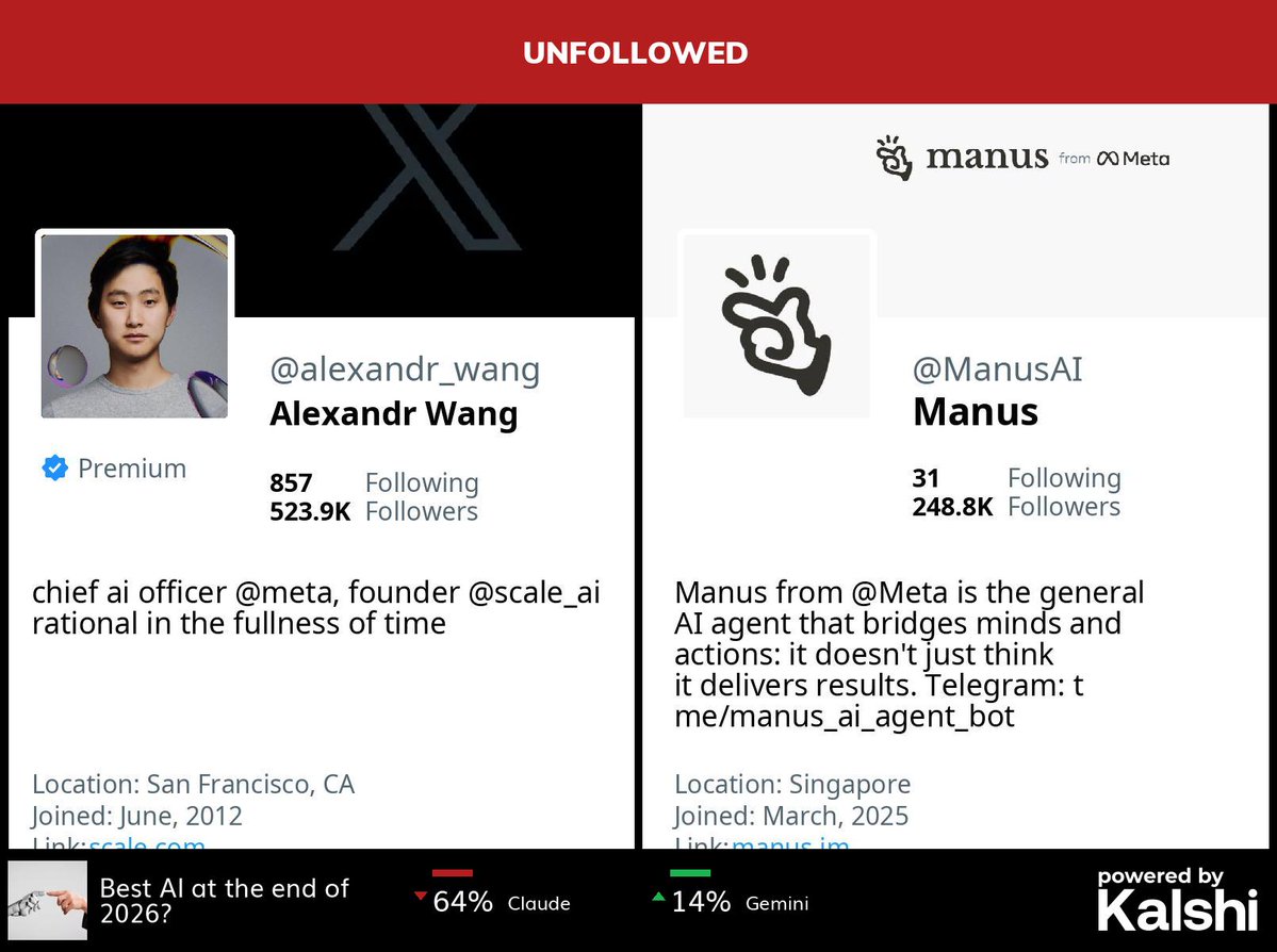 Alexandr Wang 取关 Manus AI，后者仍保留“from meta”标志 配图