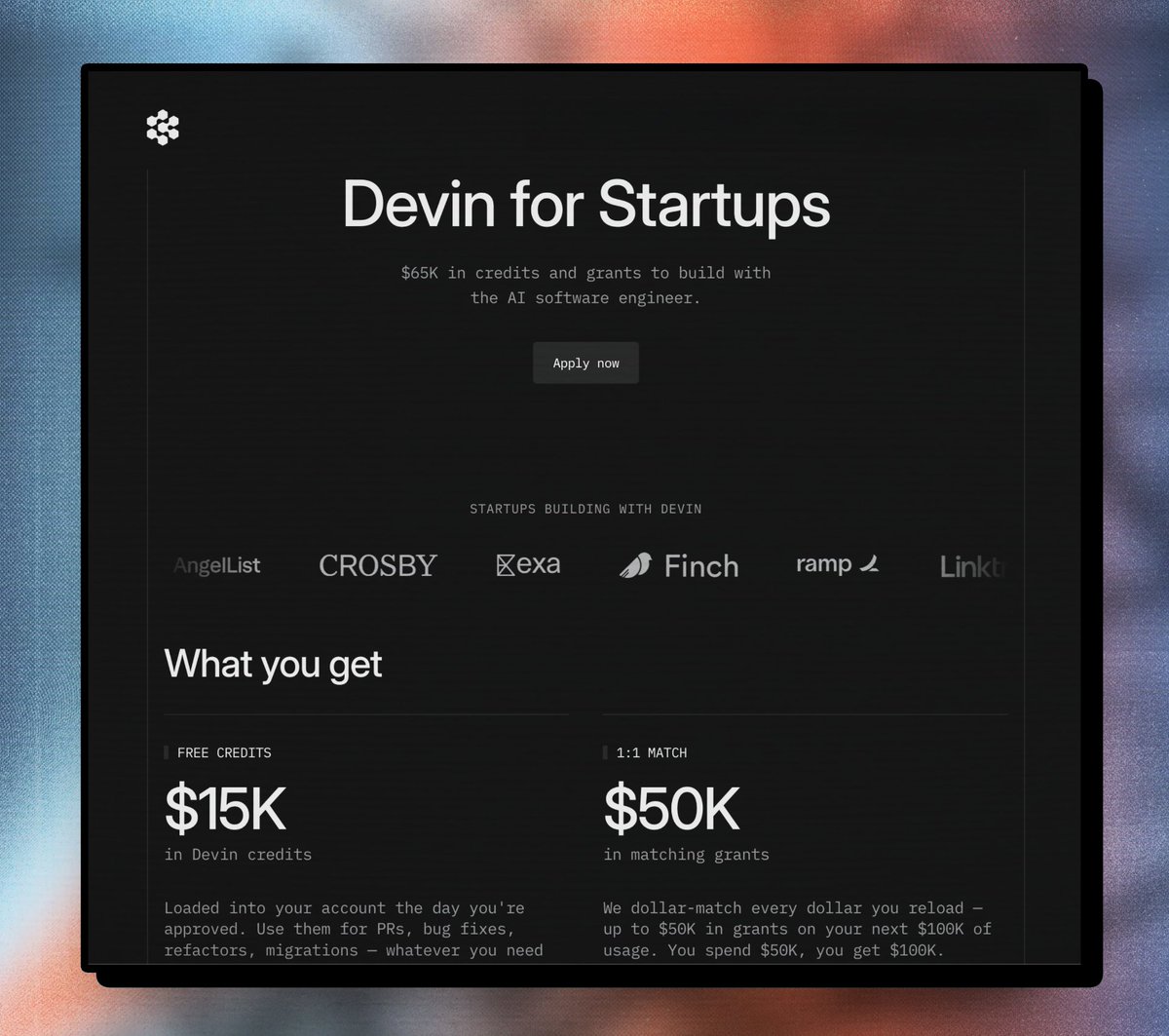 Devin 初创支持计划开放申请,提供6.5万美元额度与团队支持 配图