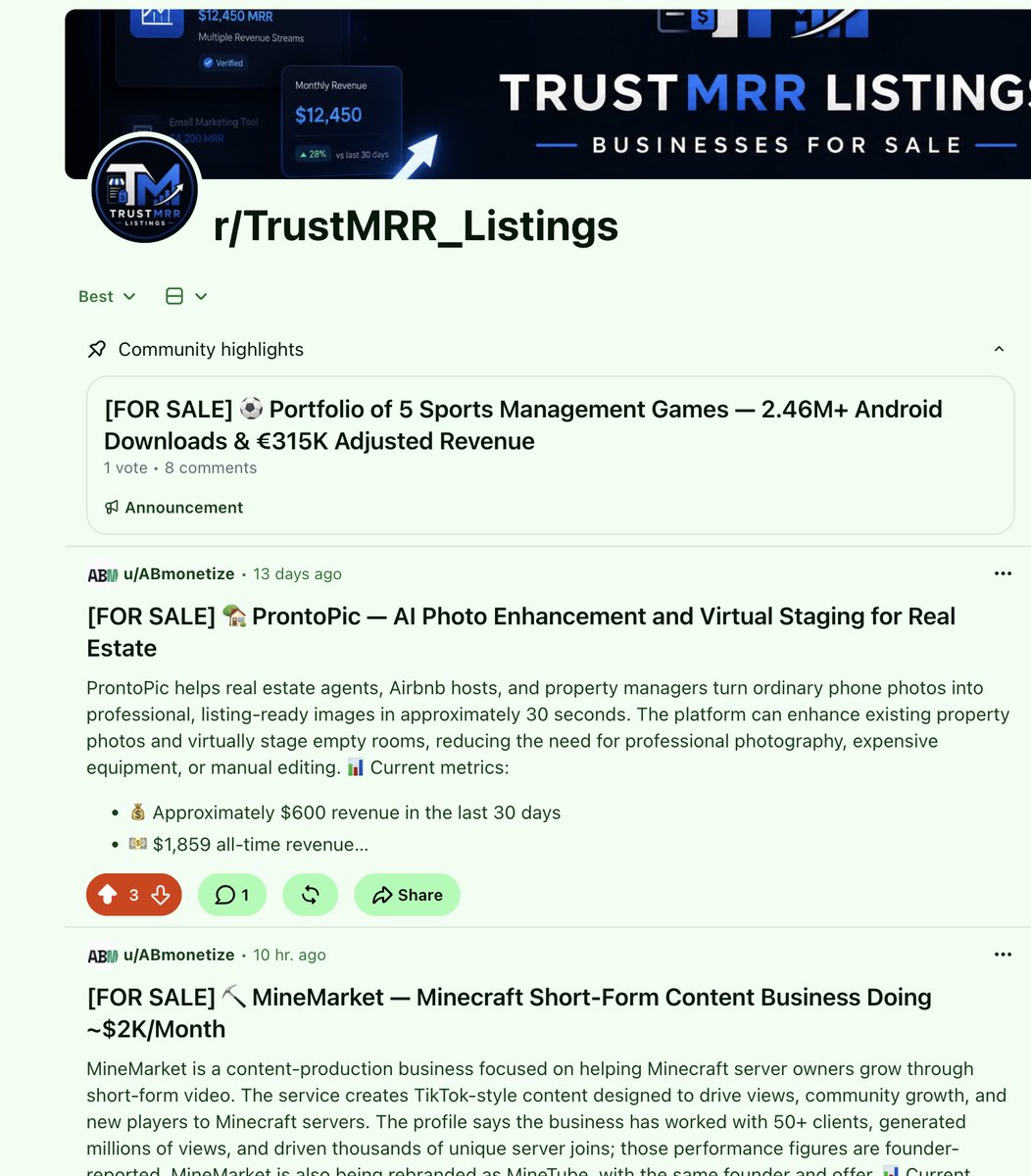 有人创建子版块集中发布 TrustMRR 初创公司出售信息 配图
