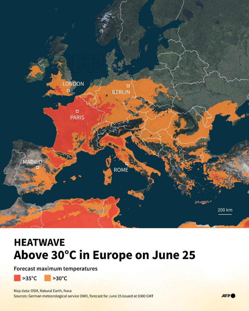 欧洲多地6月25日预报最高气温将超30℃，部分地区或达35℃以上 配图
