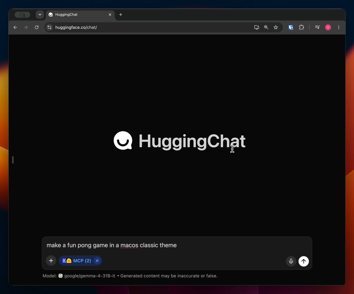 HuggingChat 演示 gemma-4-31B 模型 1x 速度实时推理 配图