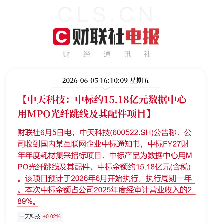 中天科技中标约15.18亿元数据中心光纤跳线集采项目 配图