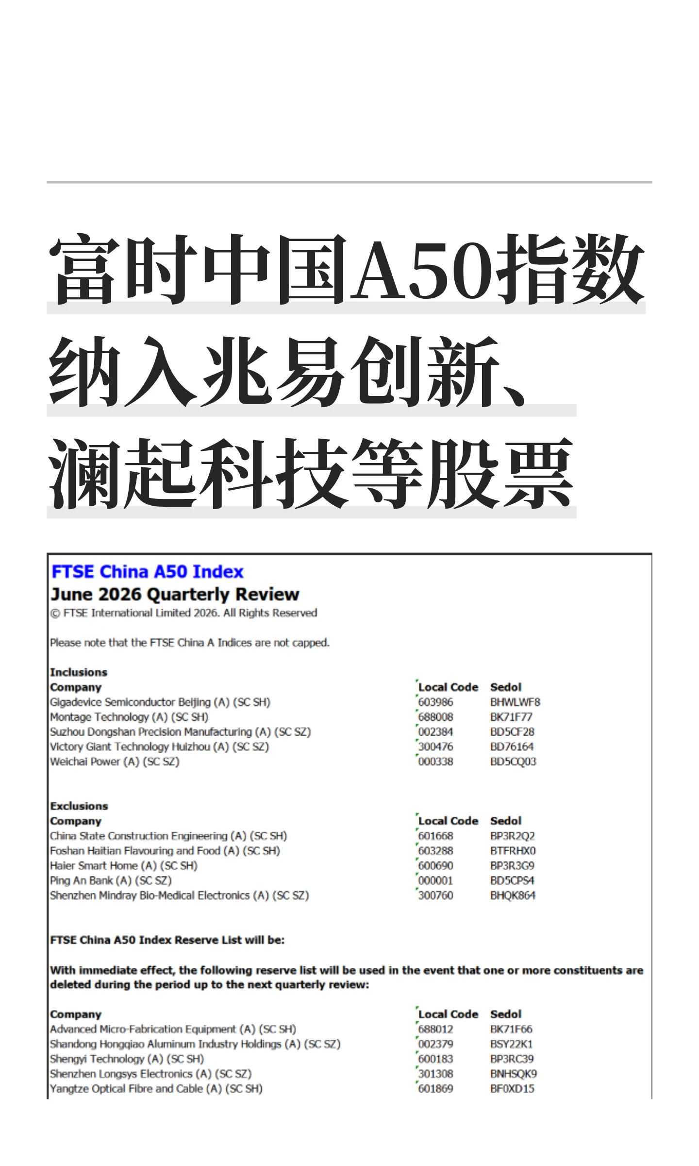 富时中国A50调整样本股，纳入兆易创新等5股并剔除中国建筑等5股 配图