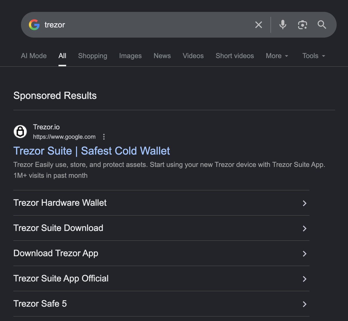 Trezor钓鱼网站登顶谷歌搜索赞助位，已致用户资金被盗 配图