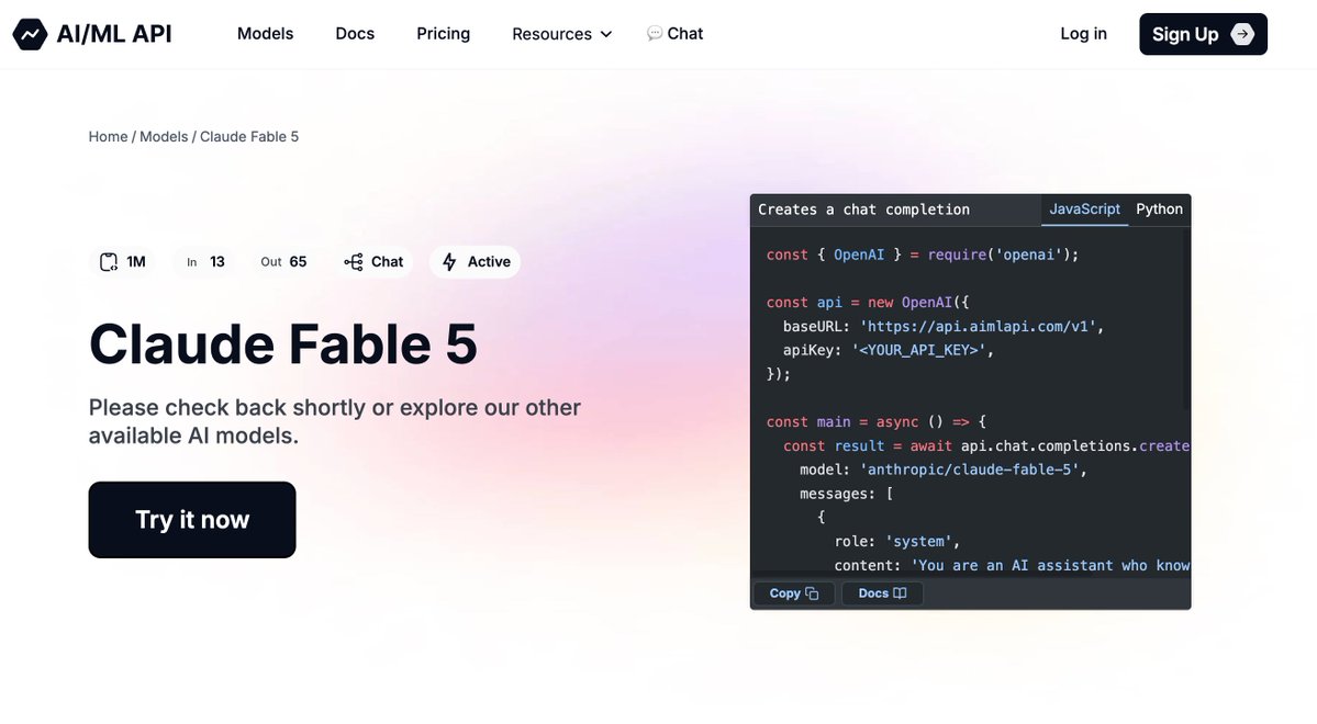 AIMLAPI 平台现已支持调用 Claude Fable 5 模型 配图