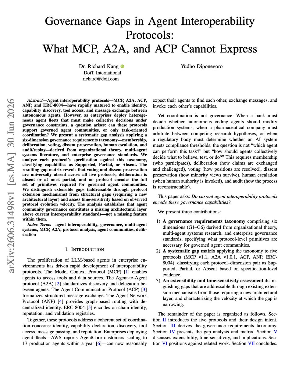 新研究指出 MCP 等代理互操作协议在企业治理维度存在不足 配图