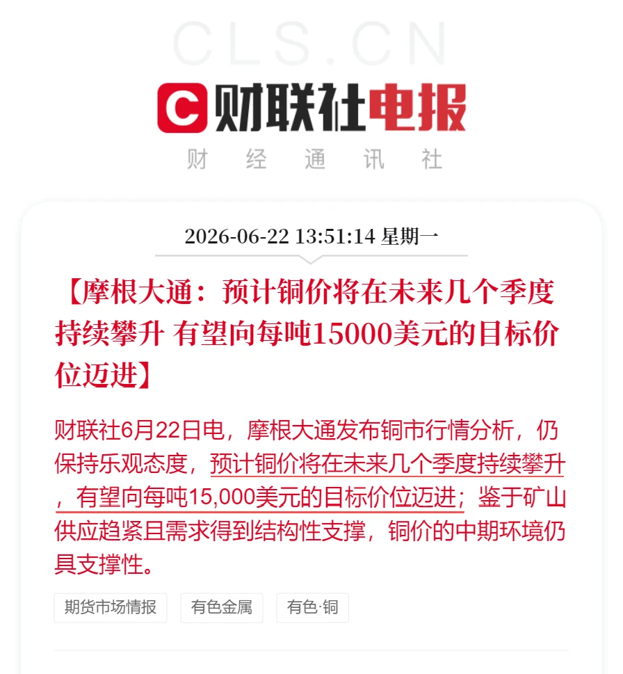 摩根大通维持看涨铜价，称未来几个季度或升至每吨1.5万美元 配图